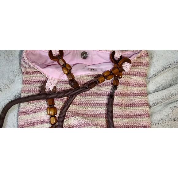 Studio Works - Pink & Cream Stripe Woven Bag w/ Wood Strap Accents - Picture 6 of 10